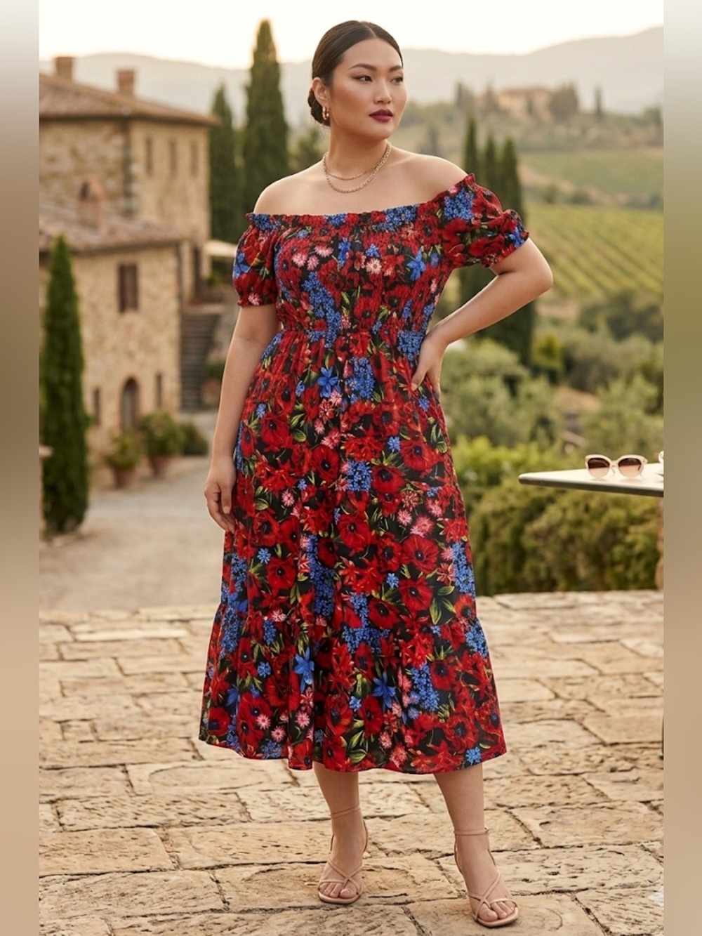 Girl Soul Off-Shoulder Floral Midi Dress in Red
